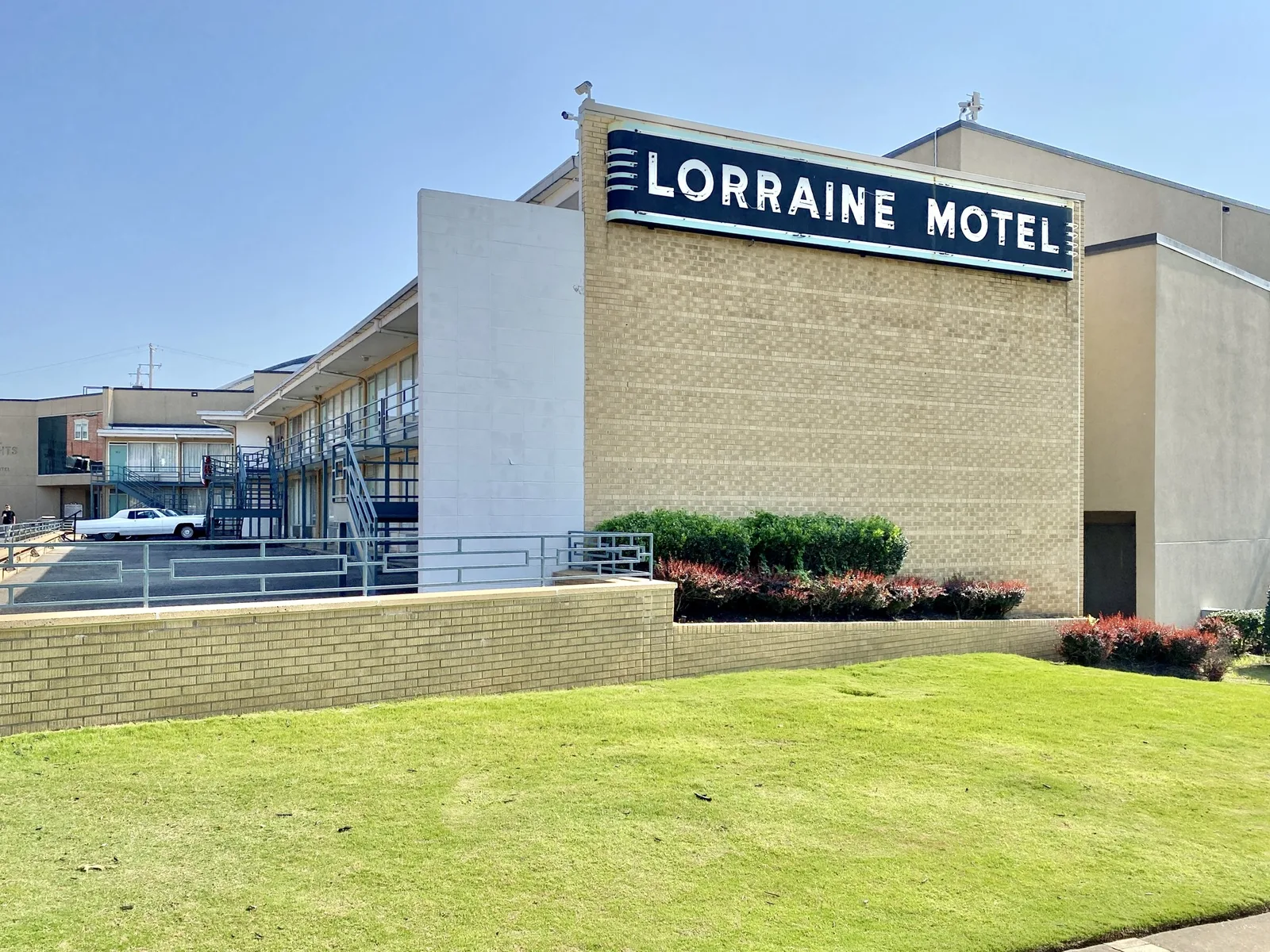 The Lorraine Motel facade and lawn at the National Civil Rights Museum.